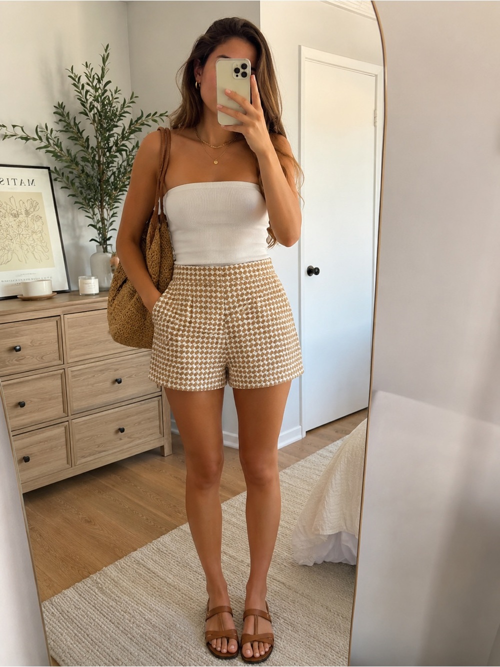 Trina Turk tan and white embroidered shorts